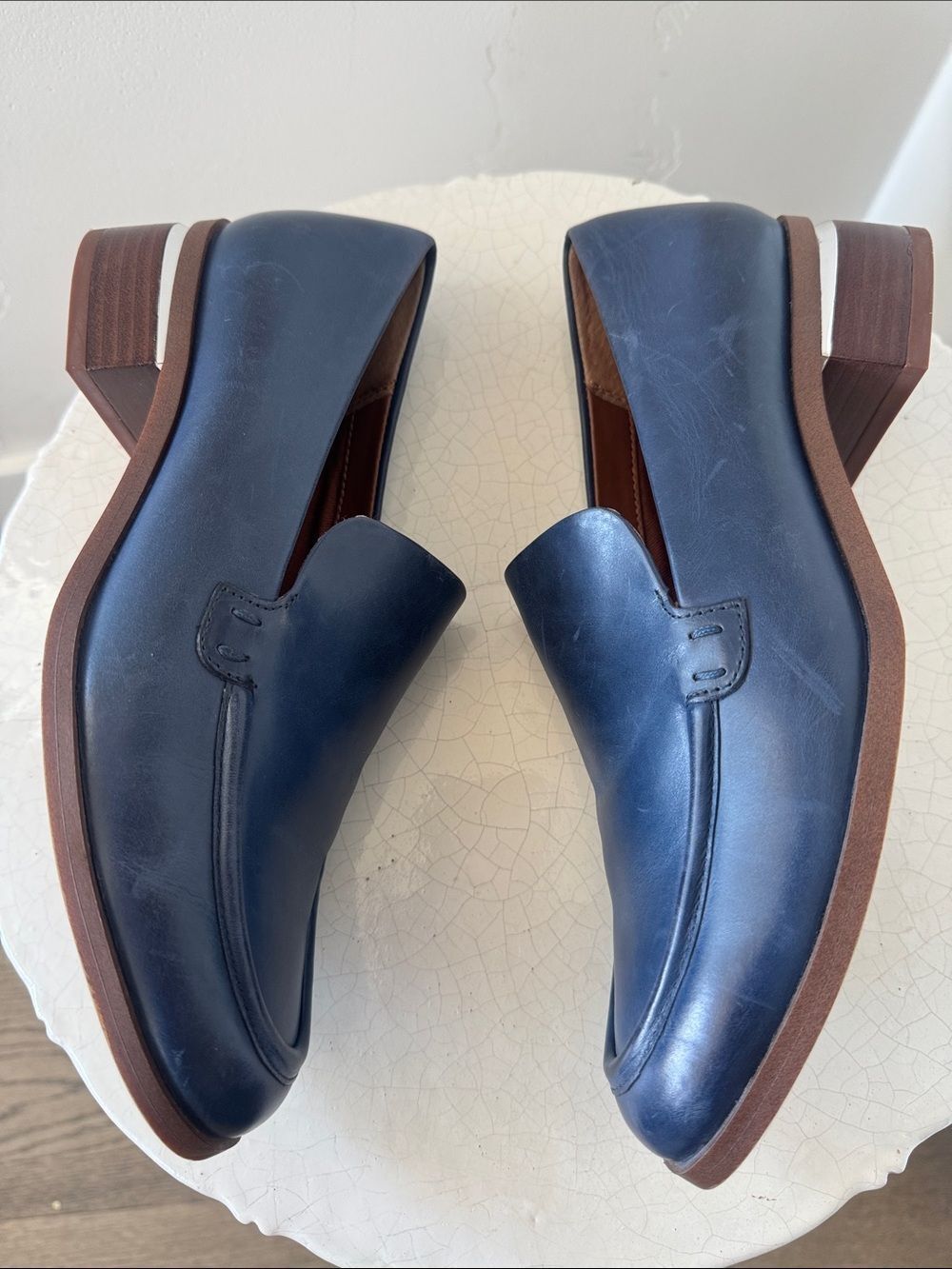 Franco Sarto Blue Leather Slip-On Loafers Block Heel Silver Accents Women’s Sz 8 - Picture 5 of 12